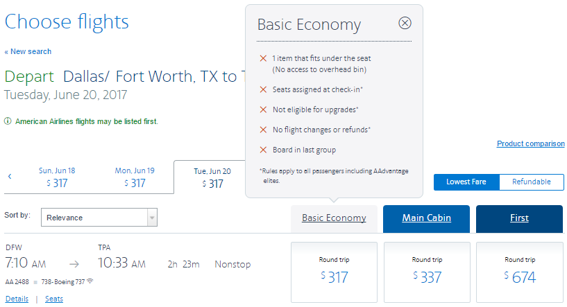 American Airlines screenshot: Basic Economy fare restrictions