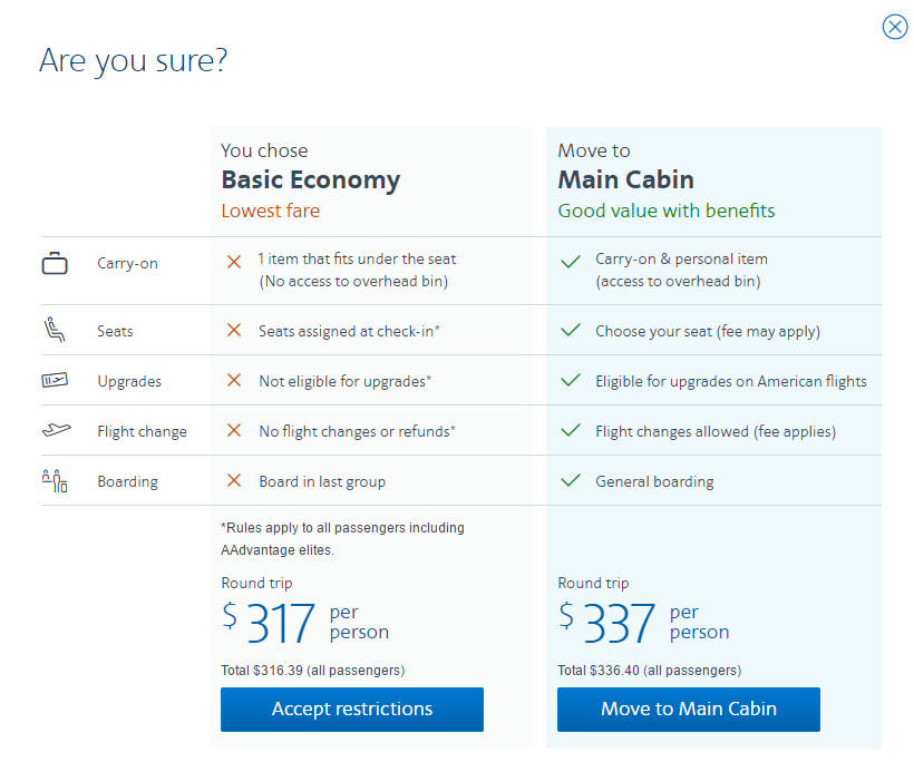 American Airlines screenshot:Basic Economy fare vs. main cabin fare