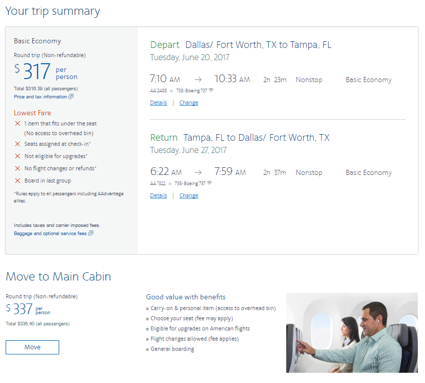American Airlines screenshot:Trip summary screen
