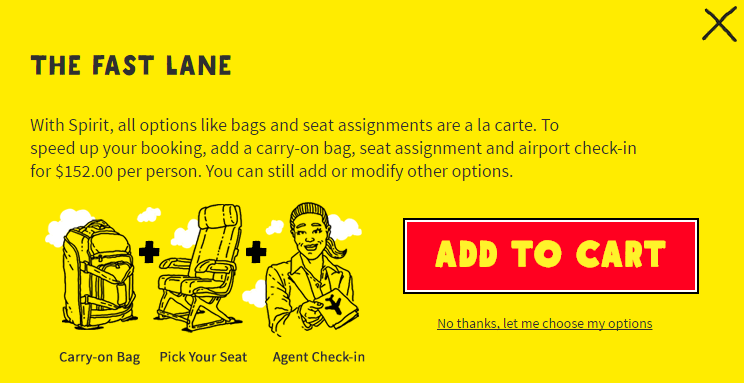 Spirit Airline pop-up: Add on extras for one fee