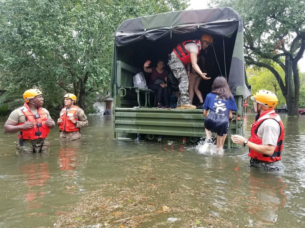 Texas National Guard soldiers arrive in Houston, Texas to aid citizens in heavily flooded areas from the storms of Hurricane Harvey.