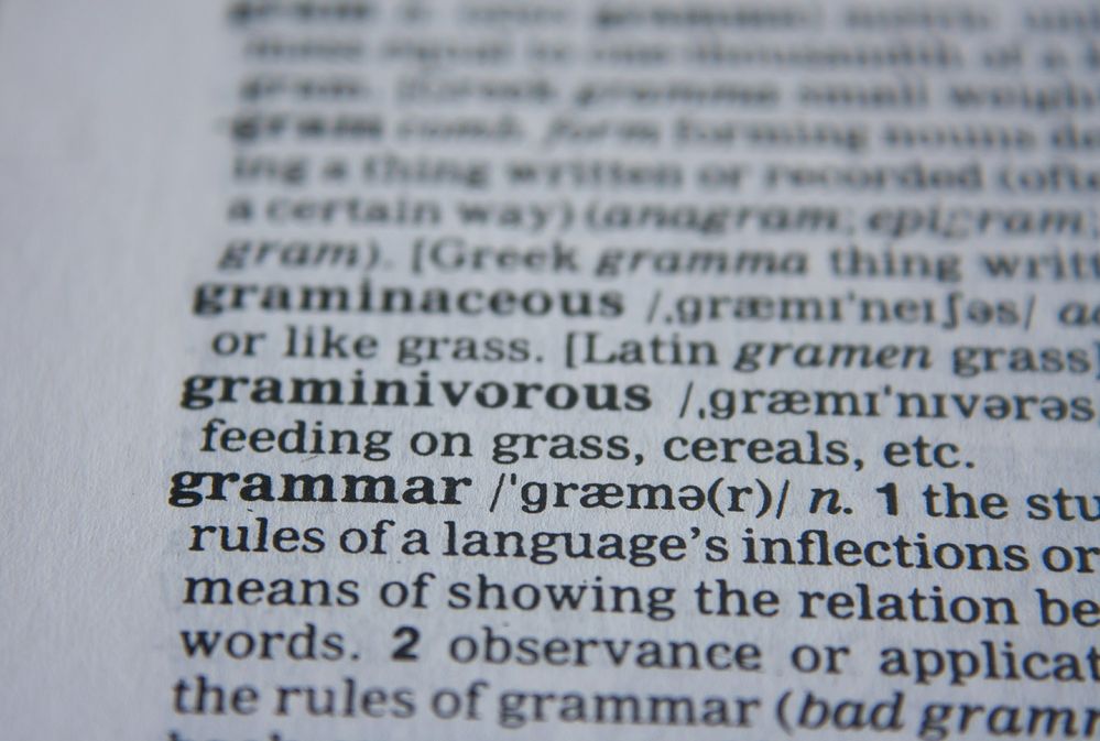 Black and white photo of a dctionary page showing the word &quot;grammar&quot; 