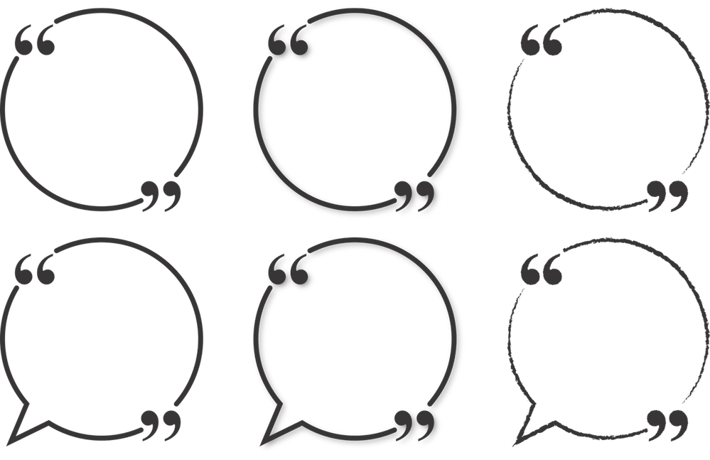 Six empty speech bubbles, each with a pair of opening and closing quotation marks.