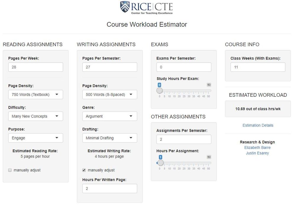 Course workload estimate from the Rice University Center for Teaching Excellence