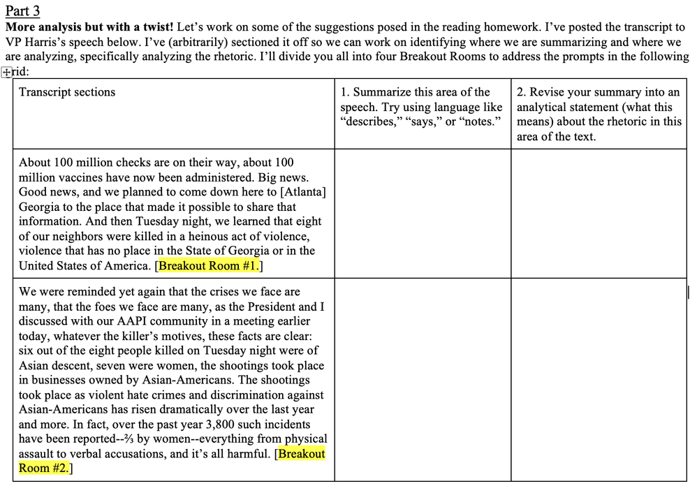 Figure 3. Excerpt of grid used for the day's second activity.