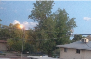 Under a blue Arizona sky with a few clouds and the sun shining overhead, an overgrown tree leans precariously against a beige-painted garage..png