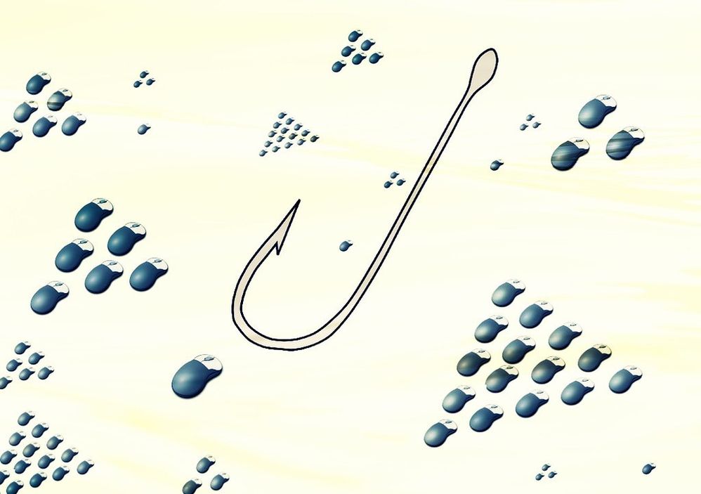 A drawing of a large fish hook in the midst of dozens of computer mice organized to look like they are traveling in patterns similar to fish.jpg