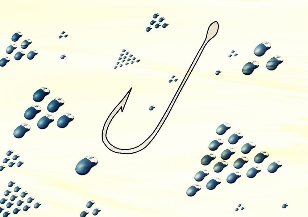 A drawing of a large fish hook in the midst of dozens of computer mice organized to look like they are traveling in patterns similar to fish.jpg