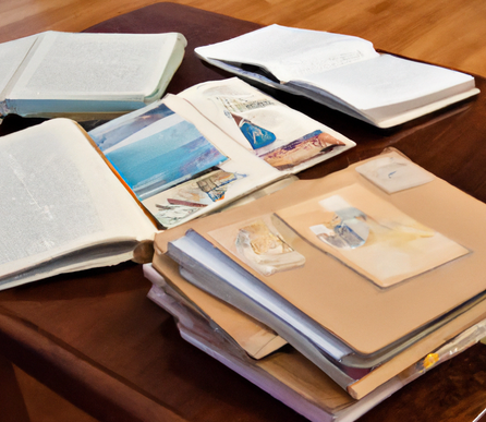 a few commonplace books, journals, and scrapbooks strewn across an oak desk.png