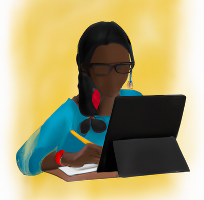 digital art of a Black female student sitting at a desk with a tablet computer.png