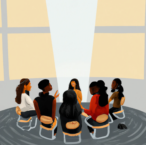 Digital art of students sitting in a circle in a grey room with light coming from the background.png