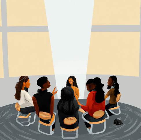 Digital art of students sitting in a circle in a grey room with light coming from the background.png