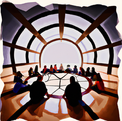 digital art of students sitting cross-legged on the floor in a circle with a circle of light between them and bright light in the background, as in a sunrise.png