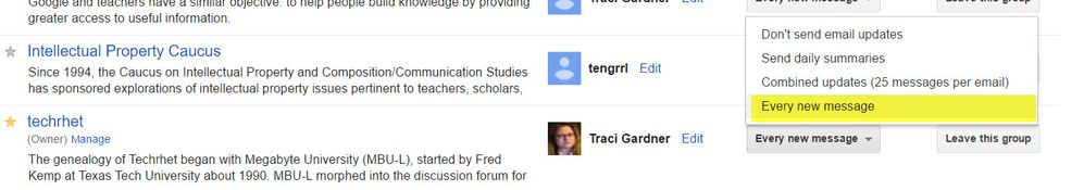 Google Groups Screenshot showing Message preference pull-down list