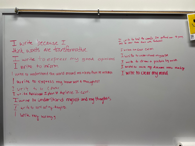Picture of the whiteboard with my students’ “Why I Write” statements