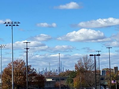 A view from the edge of campus under a blue sky with clouds. Autumn trees in the foreground, Manhattan skyline in the background.