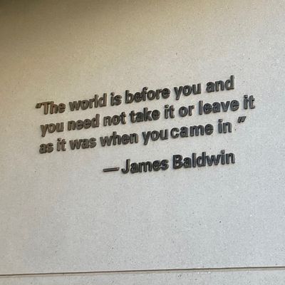 James Baldwin quote from “In Search of a Majority” in steel letters placed on the outside wall of a campus building: “The world is before you and you need not take it or leave it as it was when you came in.”