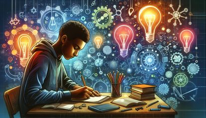 A student sits at a desk writing while various effects such as gears and lightbulbs float around him.jpeg