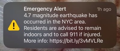 Screenshot of an emergency alert from my phone: Earthquake in the NYC area. A correction was offered later. The earthquake was 4.8 magnitude, not 4.7. Photo by Susan Bernstein April 5, 2024