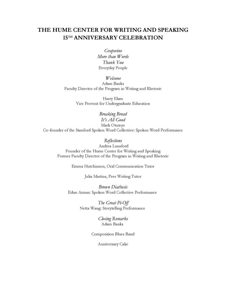 Hume Center for Writing and Speaking 15th Anniversary Celebration program