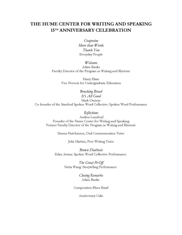 Hume Center for Writing and Speaking 15th Anniversary Celebration program